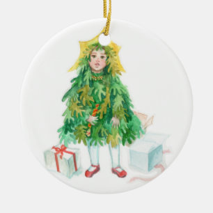 Christmas tree winter holidays cute little girl ceramic ornament