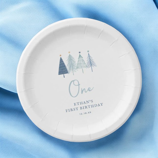 Christmas Tree Winter Onederland Boy 1st Birthda Paper Plate (Creator Uploaded)