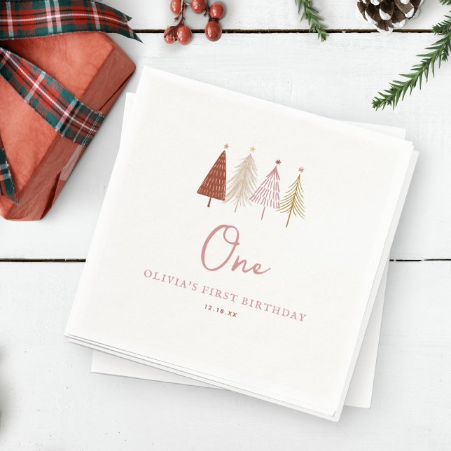 Christmas Tree Winter Onederland Girl 1st Birthday Napkin (Creator Uploaded)
