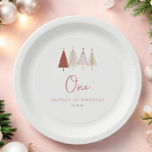 Christmas Tree Winter Onederland Girl 1st Birthday Paper Plate (Creator Uploaded)