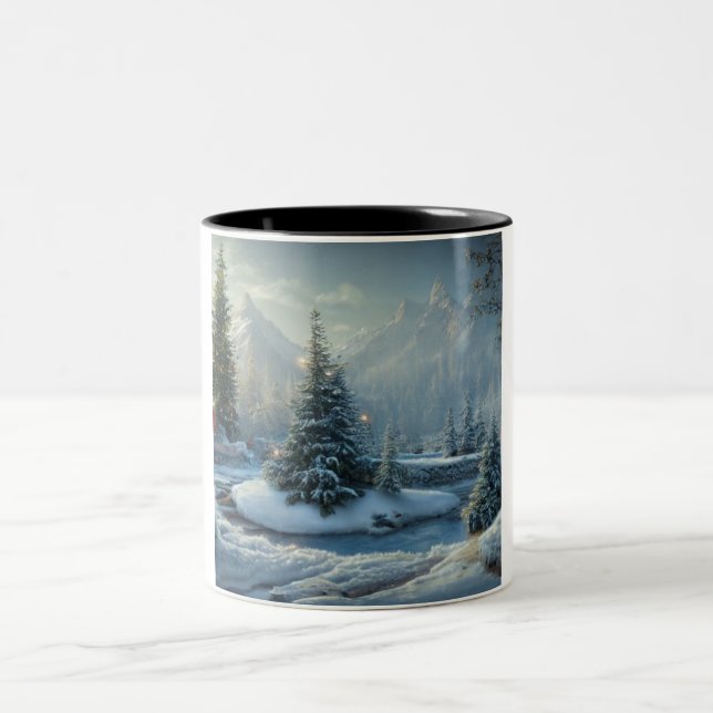 Christmas tree winter scene Two-Tone coffee mug (Center)