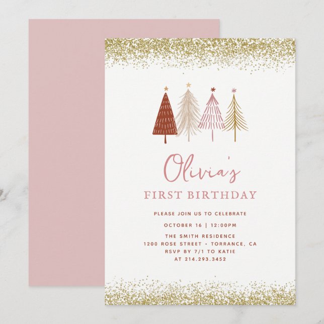 Christmas Tree Winter Wonderland Girl 1st Birthday Invitation (Front/Back)