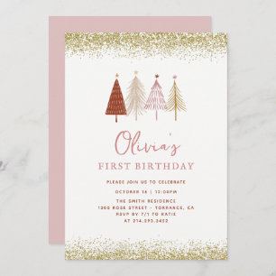 Christmas Tree Winter Wonderland Girl 1st Birthday Invitation