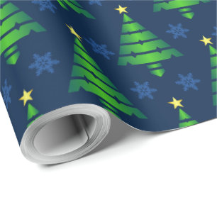 Christmas Tree with Blue Snowflake and Background Wrapping Paper