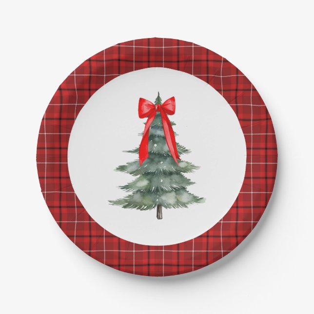 Christmas Tree with Bow and Plaid Paper Plate (Front)