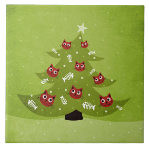 Christmas Tree With Cat And Fish Ornaments Ceramic Tile