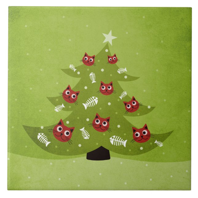 Christmas Tree With Cat And Fish Ornaments Ceramic Tile (Front)
