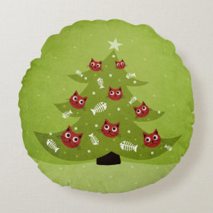Christmas Tree With Cat And Fish Ornaments Round Cushion
