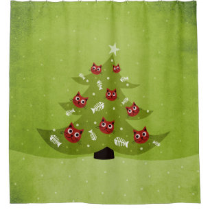 Christmas Tree With Cat And Fish Ornaments Shower Curtain