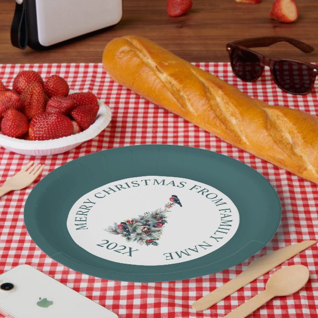 Christmas tree with decoration and Red Robin Paper Plate (Picnic)