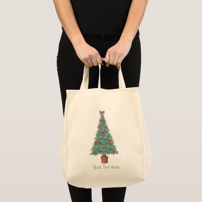 Christmas tree with decorations red bows bells tote bag (Front (Product))