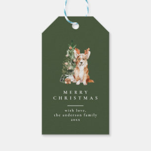 Christmas Tree with Dog Typography Green Gift Tags
