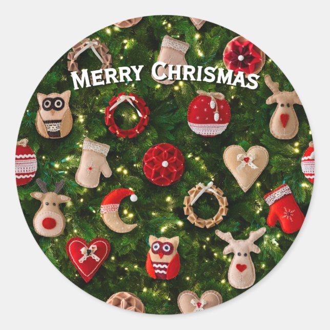 Christmas tree with felt toys classic round sticker (Front)