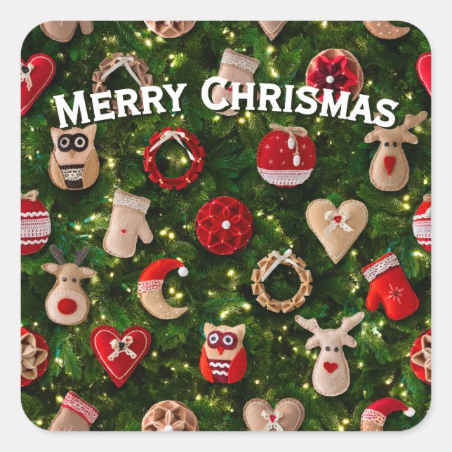 Christmas tree with felt toys square sticker (Front)