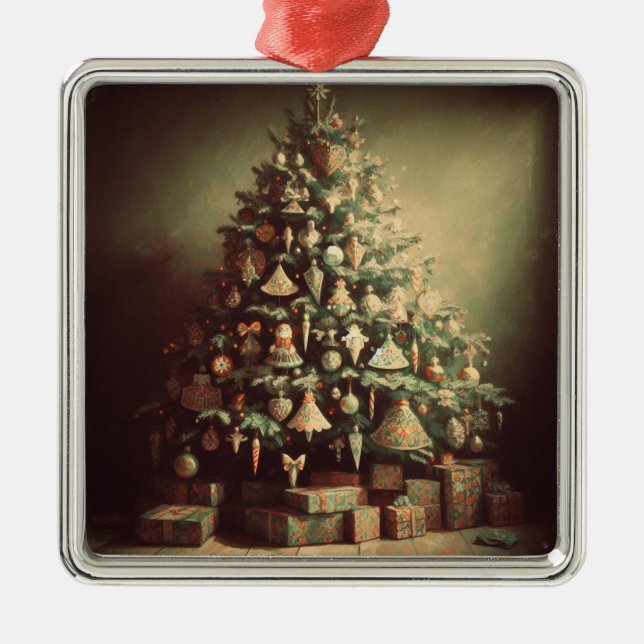 Christmas Tree with Gifts Boho Xmas Holiday Metal Ornament (Front)