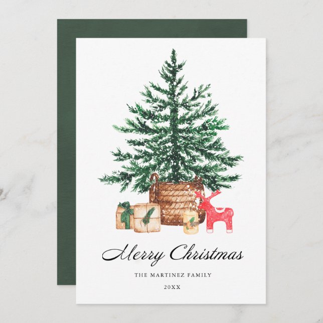 Christmas Tree with Gifts Calligraphy Holiday Card (Front/Back)