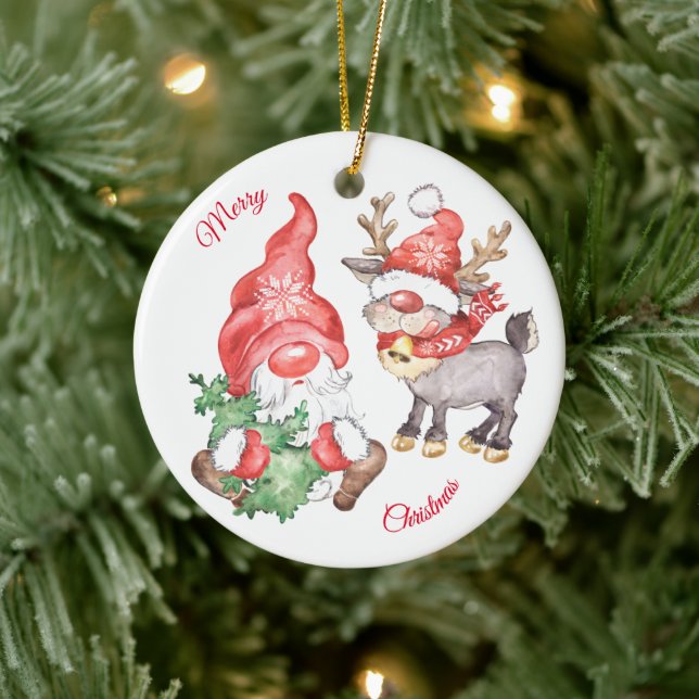 Christmas Tree With Gnome and Reindeer Ceramic Ornament (Tree)
