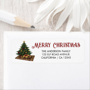 Christmas tree with gold ornaments and gifts return address label