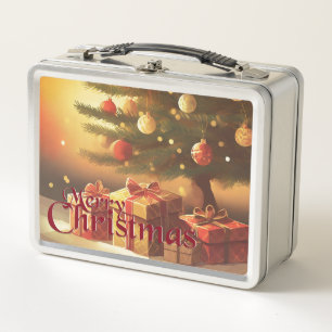 Christmas Tree with Golden Presents Metal Lunch Box