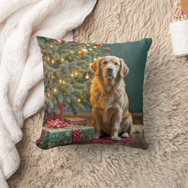 Christmas Tree With Golden Retriever Dog Cushion (Blanket)