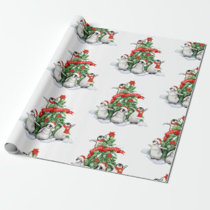 Christmas Tree With Penguins Christmas  Wrapping Paper