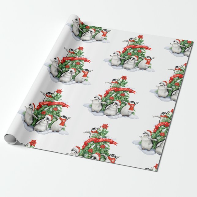 Christmas Tree With Penguins Christmas  Wrapping Paper (Unrolled)