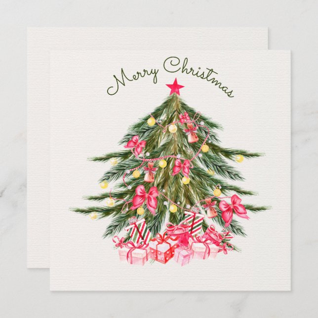 Christmas tree with pink bow and gifts holiday card (Front/Back)
