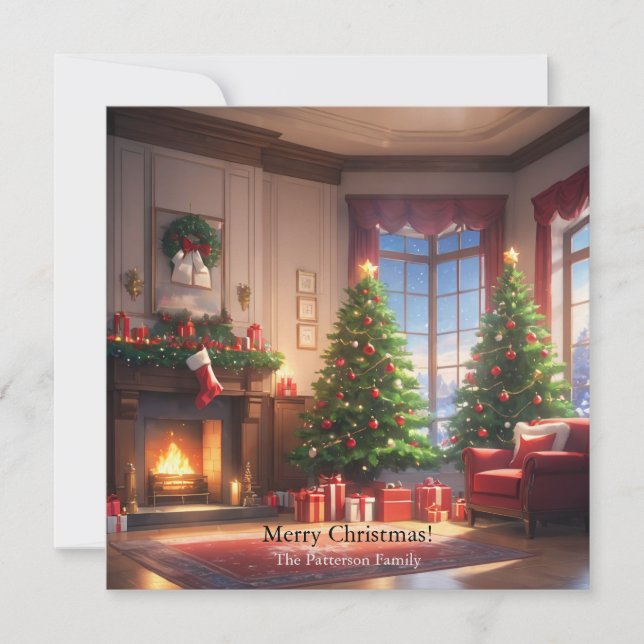 Christmas tree with presents and a fireplace holiday card (Front)