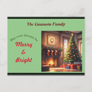 Christmas tree with presents and a fireplace holiday postcard
