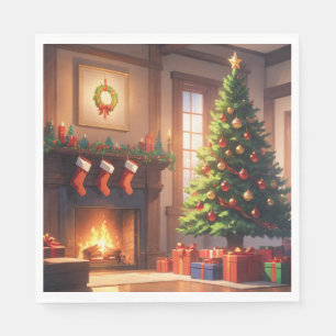 Christmas tree with presents and a fireplace napkin