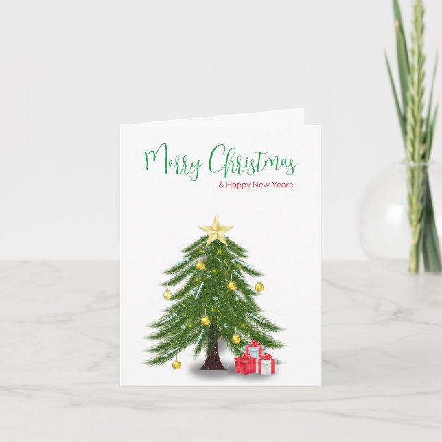 Christmas Tree with Red Present  Holiday Card (Front)