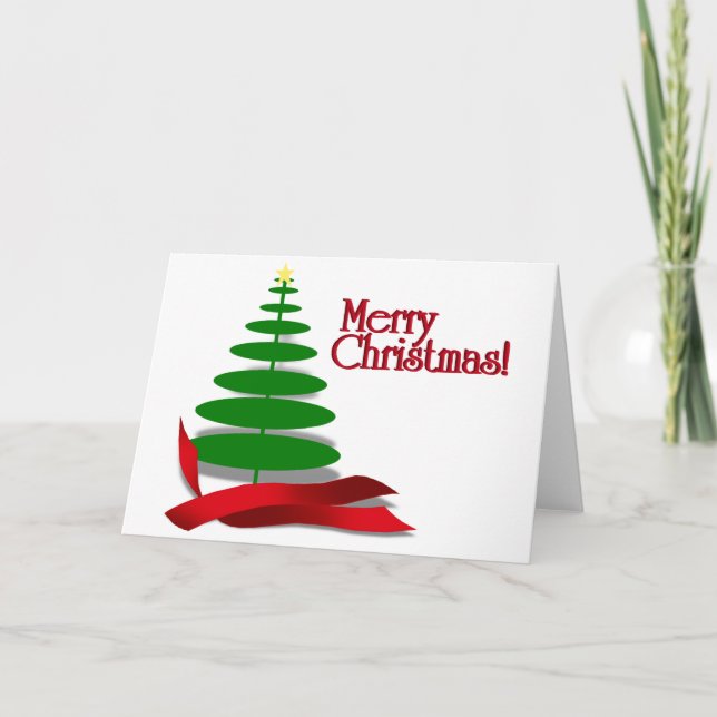 Christmas Tree with Red Ribbon Holiday Card (Front)