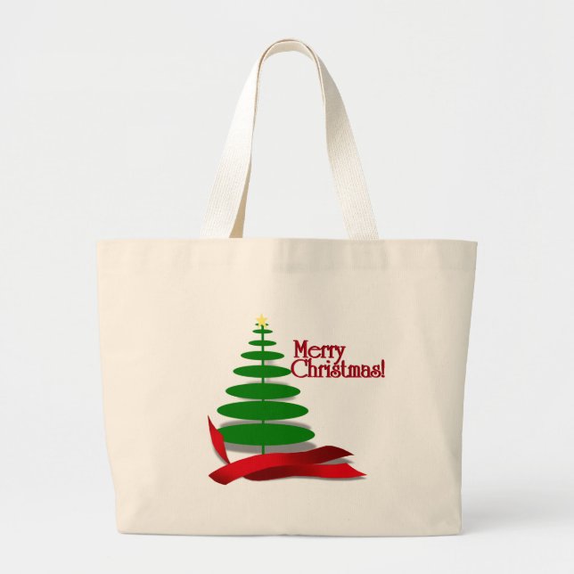 Christmas Tree with Red Ribbon Large Tote Bag (Front)