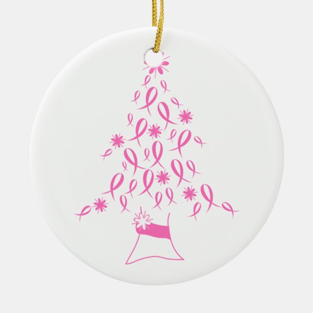 Christmas Tree with Ribbons Breast Cancer Ceramic Ornament (Front)