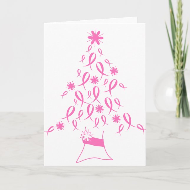 Christmas Tree with Ribbons Breast Cancer Holiday Card (Front)