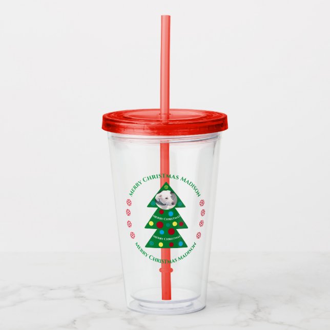 Christmas Tree with Round Dog Photo Holiday Red Acrylic Tumbler (Front)
