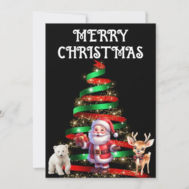 CHRISTMAS TREE WITH SANTA, DEER & POLAR BEAR INVITATION (Front)