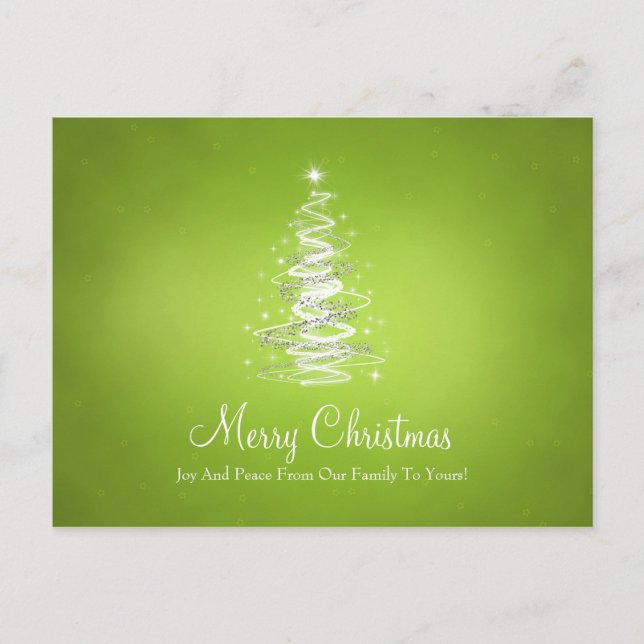 Christmas tree with sparkles on lime green holiday postcard (Front)