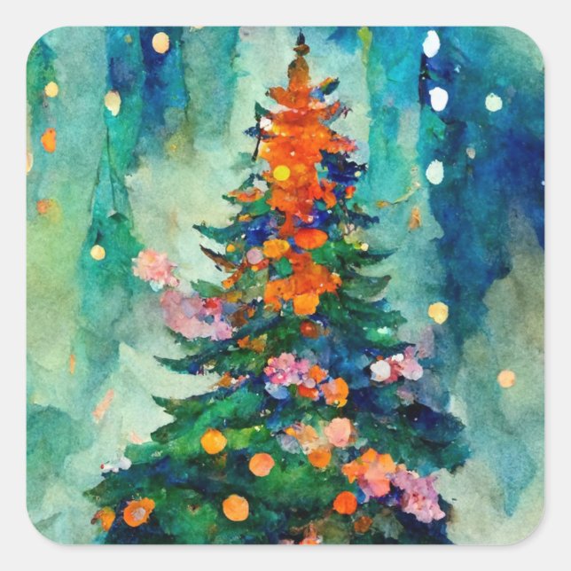 Christmas Tree with sparkly lights w/ snowy trees  Square Sticker (Front)