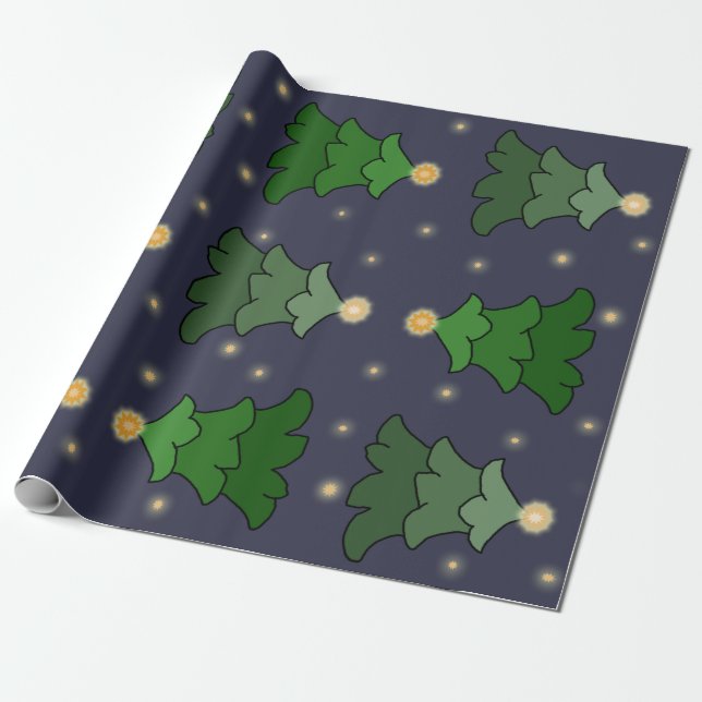 Christmas Tree with Stars on Custom Blue Wrapping Paper (Unrolled)