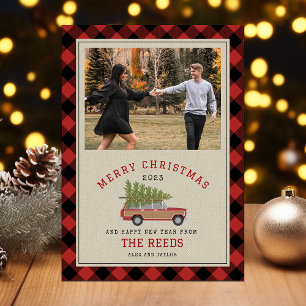 Christmas Tree Wood Wagon SUV Photo Plaid Tweed Holiday Card