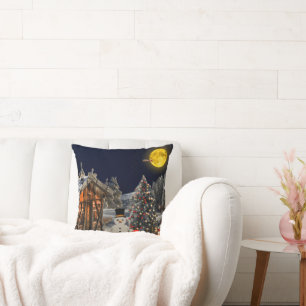 Christmas Tree Wooden Cottage Snowman Full Moon Cushion