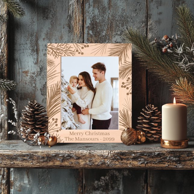 Christmas Tree Wooden  Etched Frames (Personalizable Christmas Pine and Holly Wooden Etched Frame)