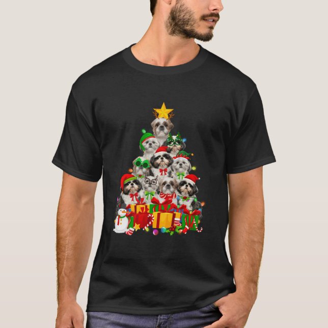 Christmas Tree Xmas Lights Shih Tzu Dog Puppy Love T-Shirt (Front)
