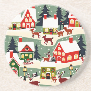 Christmas tree Xmas village snowing pic Coaster