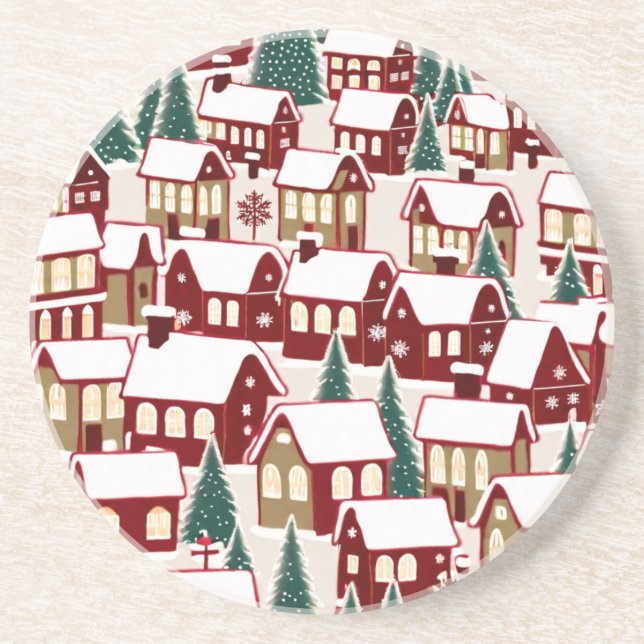 Christmas tree Xmas village snowing pic  Coaster (Front)