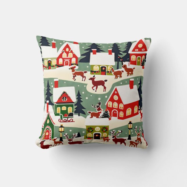 Christmas tree Xmas village snowing pic Cushion (Front)