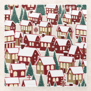 Christmas tree Xmas village snowing pic Glass Coaster