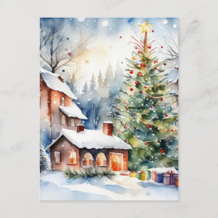 Christmas tree Xmas village snowing pic Holiday Postcard