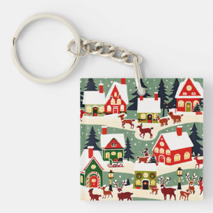 Christmas tree Xmas village snowing pic Key Ring
